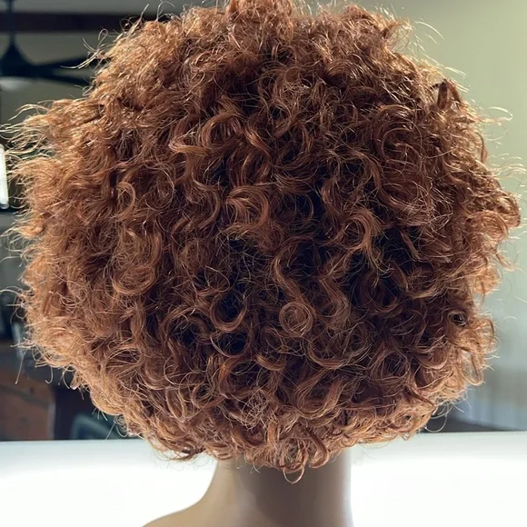 💯% HUMAN Hair Wig, Headband Pixie Cut Curly, Glueless Ombre Black to Copper